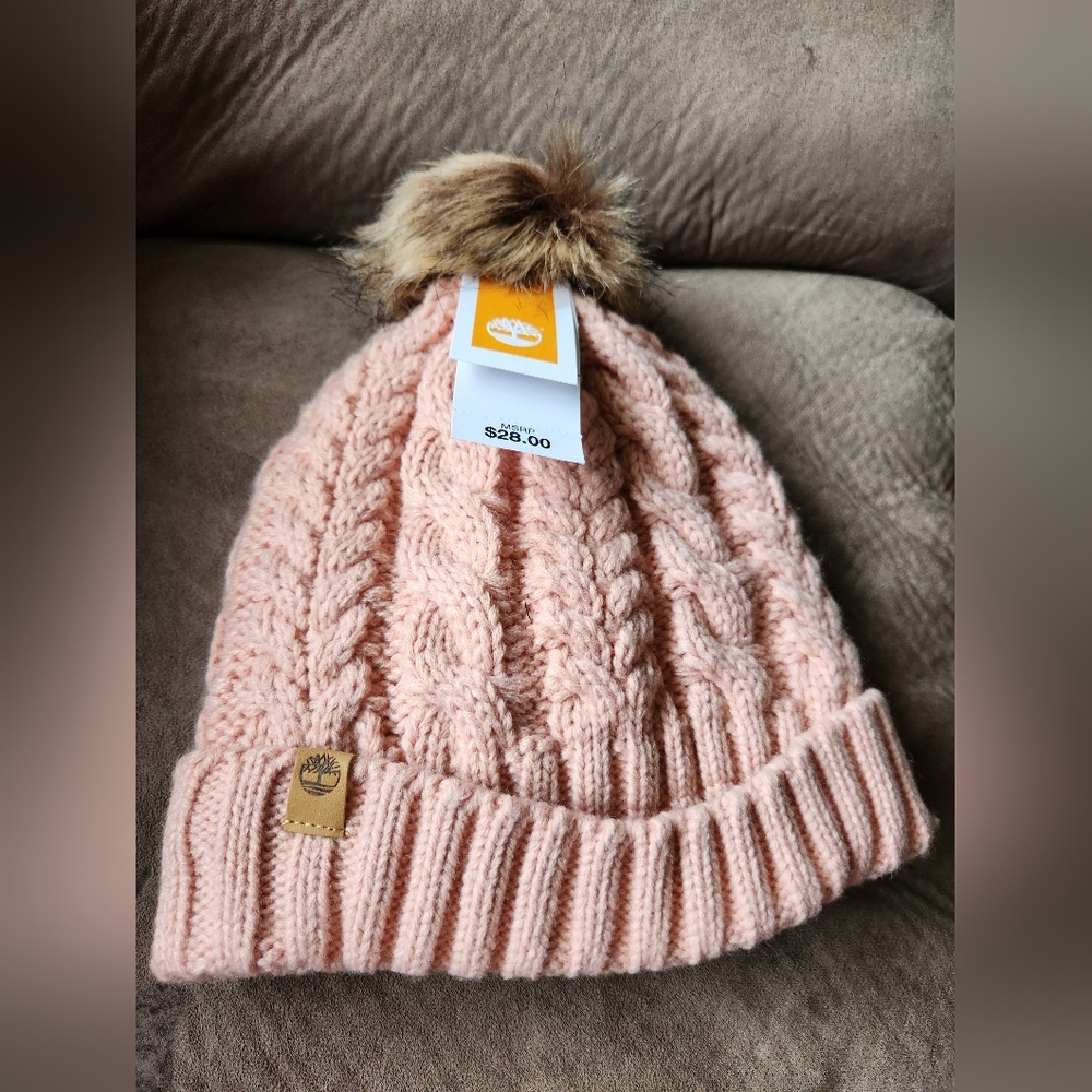 Timberland Cable Knit Fur Lined Beanie Winter Hat Pom NWT